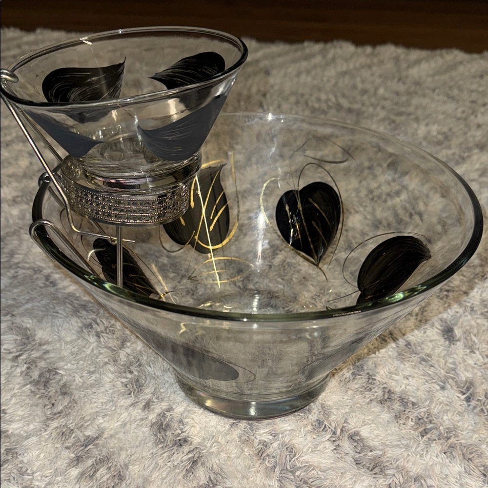 vintage 60s enchant Jeanette hand painted black gold leaf chip & dip bowl set